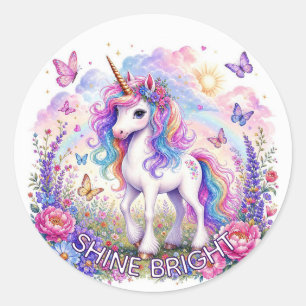 Pegatina Redonda Jardín Mágico de Fantasía de Mariposa Unicornio Ar