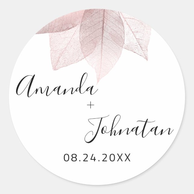 Pegatina Redonda Jardín Rosa Dorada Hoja Nombre Fecha Blanco Rubor  (Anverso)