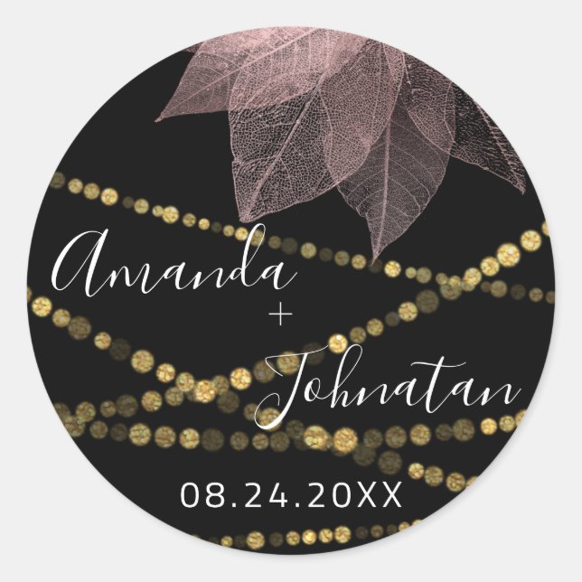 Pegatina Redonda Jardín Rosa Dorada Hoja Nombre Fecha Luz Dorada Bl (Anverso)