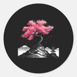 Pegatina Redonda Jardín Sakura Japonés Monte Fuji Cherry Blo
