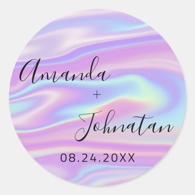 Pegatina Redonda Jardín Simplemente Nombre Fecha Holográfico (Anverso)