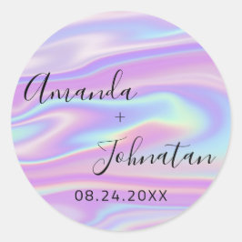 Pegatina Redonda Jardín Simplemente Nombre Fecha Holográfico Negro