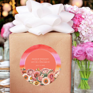 Pegatina Redonda Jardín Sunrise Naranja Rosa Boda floral moderna