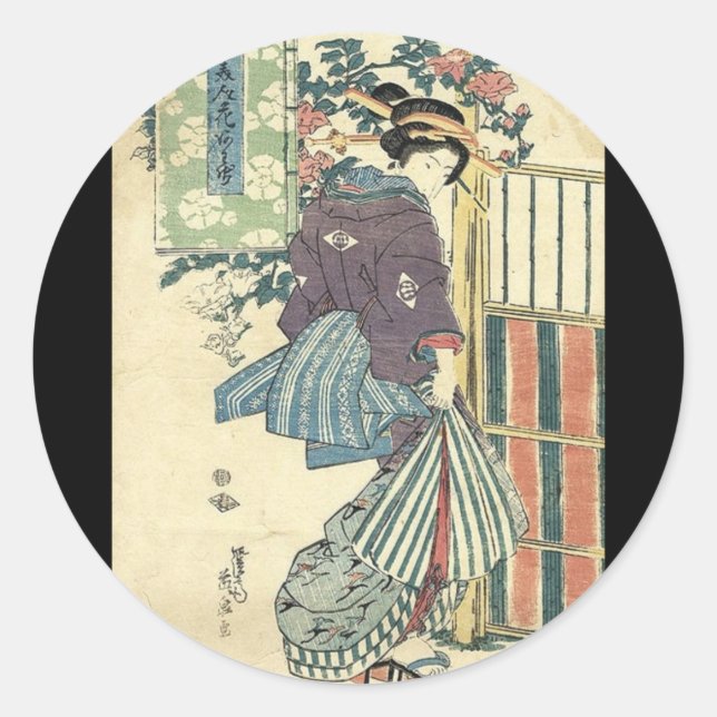 Pegatina Redonda jardín ukiyo-e japonés tradicional kimono geisha (Anverso)