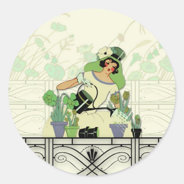 PEGATINA REDONDA JARDÍN WINDOW, DAMA ART DECO: VERANO VERDE (Anverso)