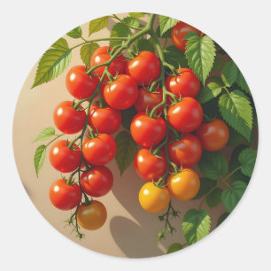 Pegatina Redonda Jardinería de plantas de tomate con vibraciones de