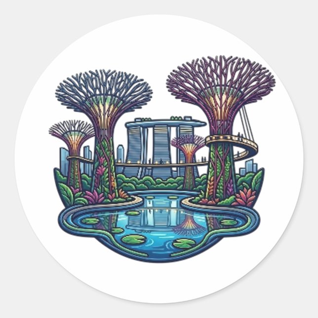 PEGATINA REDONDA JARDINES JUNTO A LA BAHÍA (Anverso)