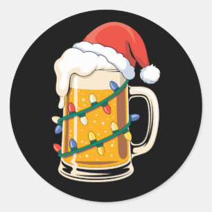 Pegatina Redonda Jarra de cerveza de Navidad sombrero de Santa luce