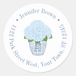 Pegatina Redonda Jarra de jengibre de hortensias elegantes con dire