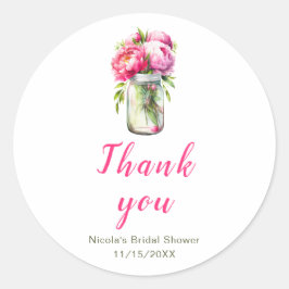 Pegatina Redonda Jarra de Mason con Peonías Rosadas para Despedida