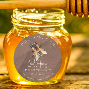 Pegatina Redonda Jarra de Miel Rústica Abeja Apiario Negocio Papel 