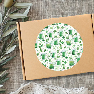 Pegatina Redonda Jarras de Cerveza Verde Elegantes y Tréboles Blanc