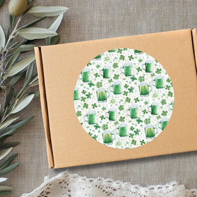 Pegatina Redonda Jarras de Cerveza Verde Elegantes y Tréboles Blanc (Subido por el creador)