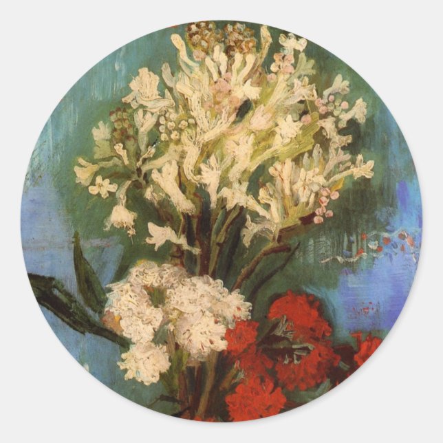 Pegatina Redonda Jarrón con Claveles de Vincent van Gogh (Anverso)