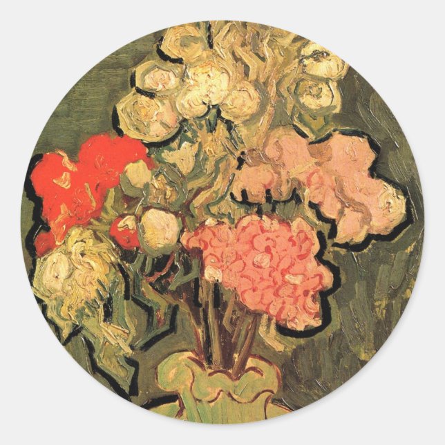 Pegatina Redonda Jarrón con malvas rosadas de Vincent van Gogh (Anverso)