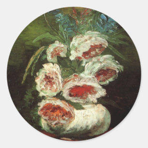 Pegatina Redonda Jarrón con peonías de Vincent van Gogh