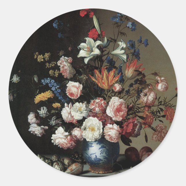 Pegatina Redonda Jarrón de flores junto a una ventana, Balthasar va (Anverso)
