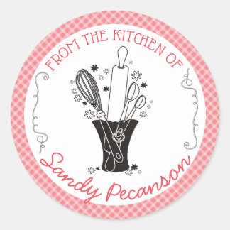 Pegatina Redonda Jarrón de utensilios de cocina de Gingham
