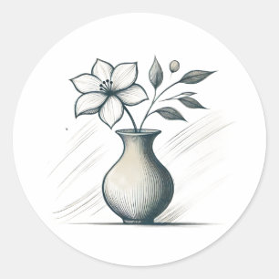 Pegatina Redonda Jarrón Floral Minimalista Arte Lineal Boceto de Fl