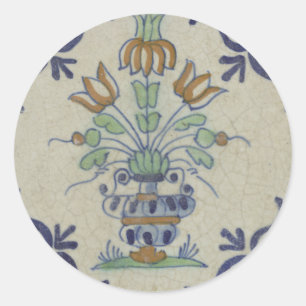 Pegatina Redonda Jarrón holandés de tulipanes de azulejo Delft anti