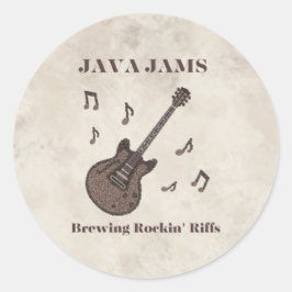 Pegatina Redonda Java Jams-Brewing Rockin' Riffs-Café-Guitarra-