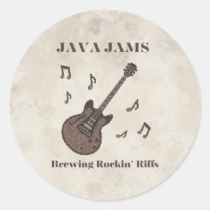 Pegatina Redonda Java Jams-Brewing Rockin' Riffs-Café-Guitarra-