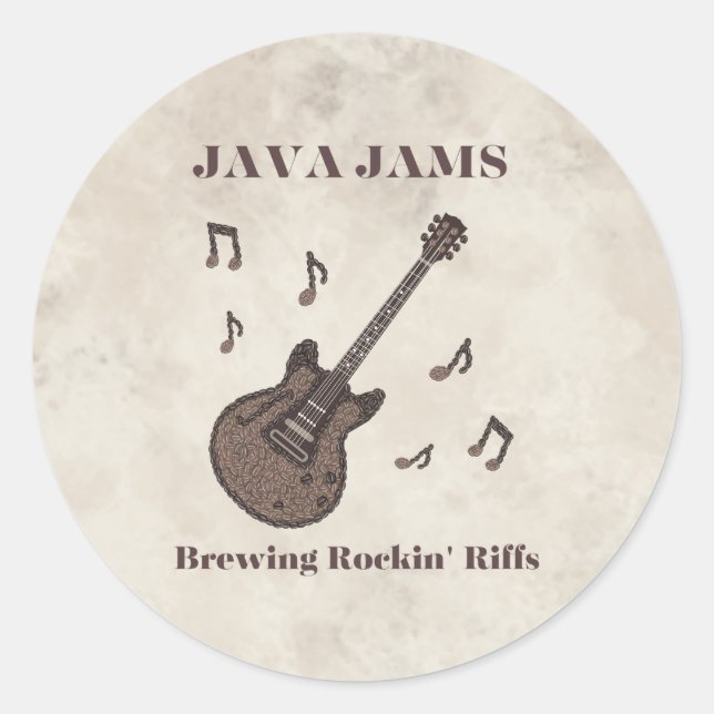 Pegatina Redonda Java Jams-Brewing Rockin' Riffs-Café-Guitarra- (Anverso)
