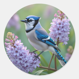 Pegatina Redonda Jay azul en pie en ramas de Lilac