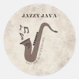 Pegatina Redonda Jazzy Java-Grãos de Café-Saxofone-