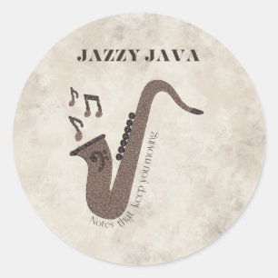 Pegatina Redonda Jazzy Java-Grãos de Café-Saxofone-