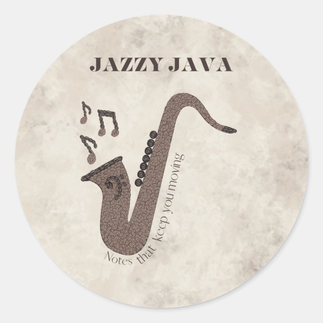 Pegatina Redonda Jazzy Java-Grãos de Café-Saxofone- (Anverso)