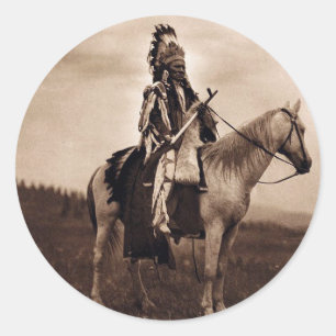 Pegatina Redonda Jefe de guerra indio vintage
