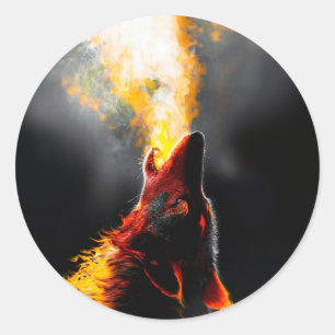 Pegatina Redonda Jefe de Lobo Agresivo de Fuego