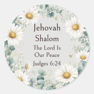 Pegatina Redonda Jehovah Shalom, Margaritas Blancas Eucalipto Capri