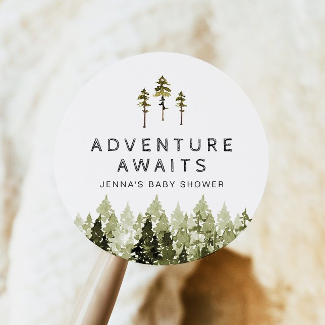 Pegatina Redonda JENNA Rustic Watercolor Pine Tree Baby Shower (Subido por el creador)