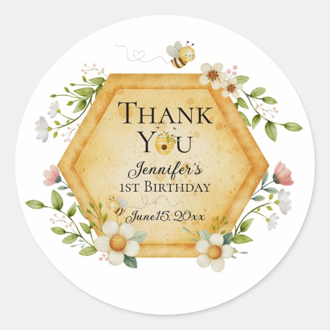 Pegatina Redonda Jennifer's Sweet to Bee One Favor Label (Anverso)