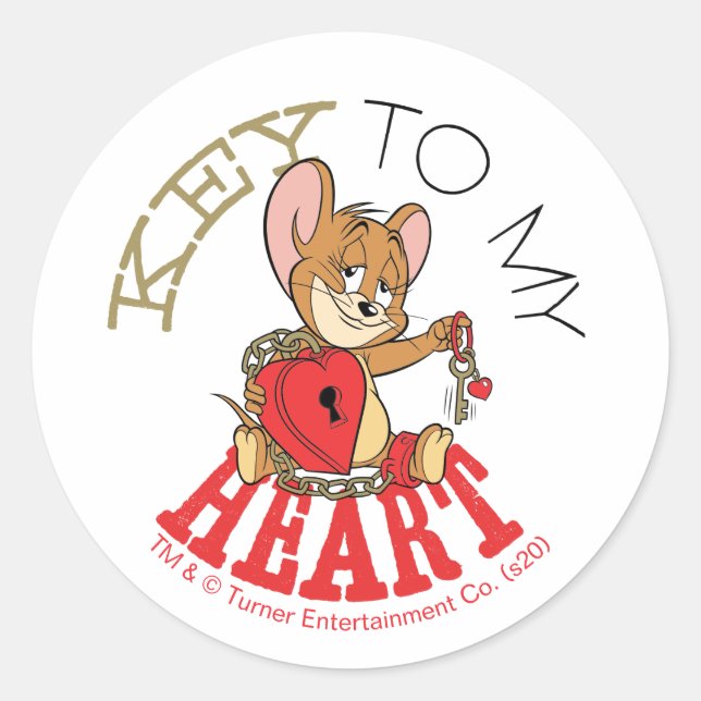 Pegatina Redonda Jerry Mouse "Key To My Heart" Valentine (Anverso)