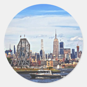 Pegatina Redonda Jersey City NJ - Barco de la Policía junto al relo