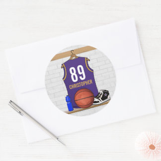 Pegatina Redonda Jersey de baloncesto morado y oro personalizado