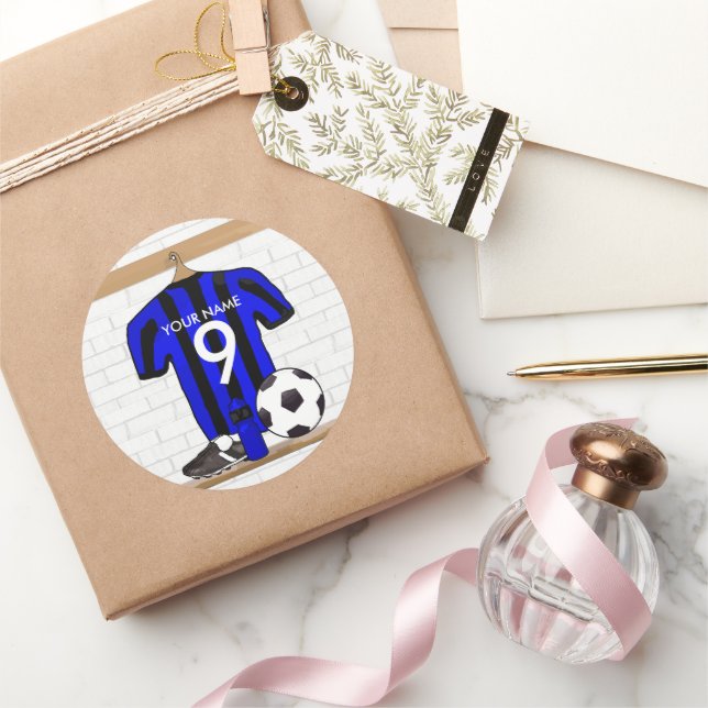Pegatina Redonda Jersey de fútbol negro y azul personalizado (Regalar)
