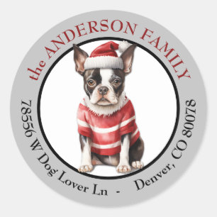 Pegatina Redonda Jersey de invierno para Boston Terrier con direcci