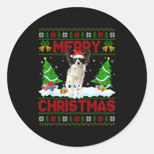 Pegatina Redonda Jersey Feo de Navidad de Perro Papillon divertido