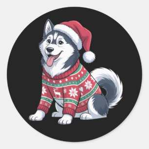 Pegatina Redonda Jersey Feo de Perro Husky Siberiano Sombrero de Sa