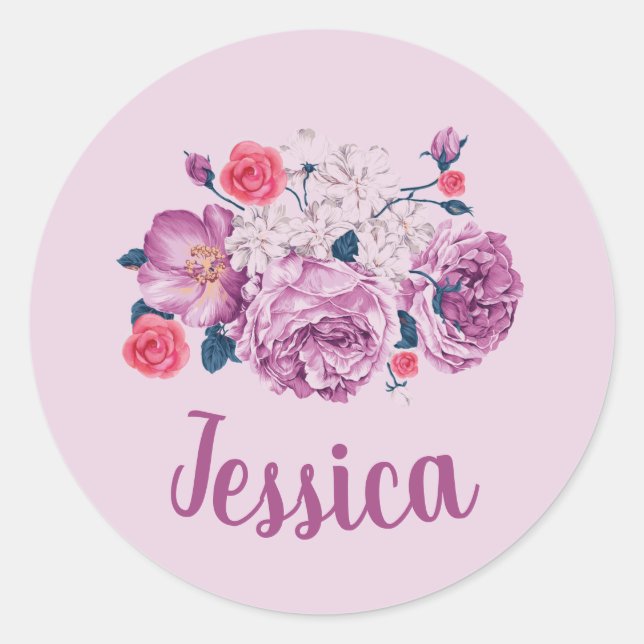 Pegatina Redonda Jessica Nombre Personalizado Floral Rosa de flores (Anverso)