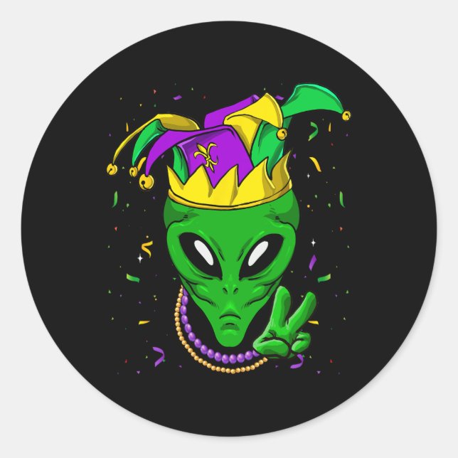 Pegatina Redonda Jester del Carnaval de Alien Mardi Gras (Anverso)