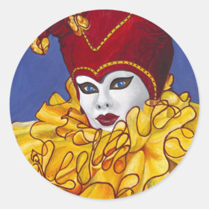 Pegatina Redonda Jester del Carnaval Rojo y Amarillo