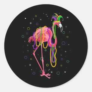 Pegatina Redonda Jester Flamingo Y Bebidas Mardi Gras Grasa Martes