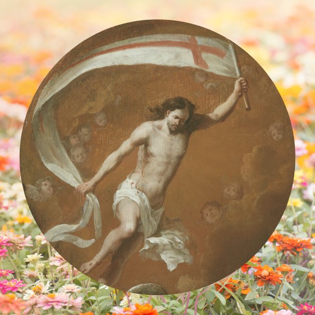 Pegatina Redonda Jesucristo, católico cristiano, se ha levantado Pa (Religious Christian Catholic Jesus Christ is risen Resurrection Easter Classic Round Sticker)