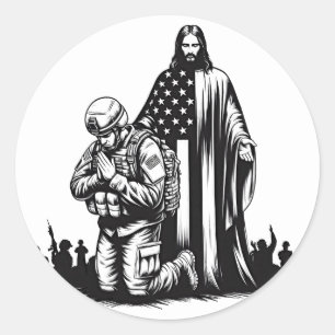 Pegatina Redonda Jesucristo con arte de oración de soldado militar