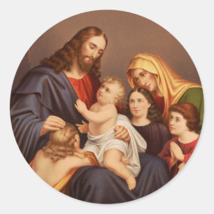 Pegatina Redonda Jesucristo con Niños Arte Premium Fino